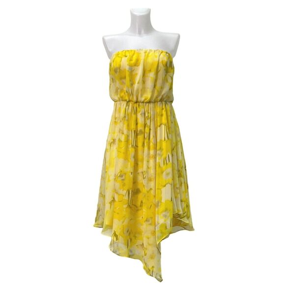 Vince Camuto Yellow Floral Print Strapless Blouson Dress 6 - Picture 1 of 7